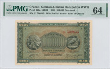 GREECE: 100000 Drachmas (21.1.1944) in black on brown, blue and green unpt. Ancient Athenian coin of 4 Drachmas at left and right on face. S/N: "AI 59...