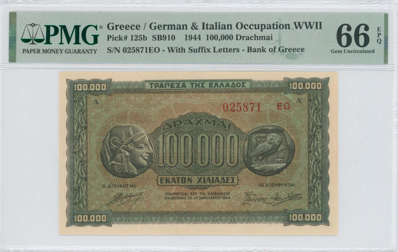 GREECE: 100000 Drachmas (21.1.1944) in black on brown, blue and green unpt. Anci...