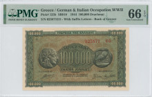 GREECE: 100000 Drachmas (21.1.1944) in black on brown, blue and green unpt. Ancient Athenian coin of 4 Drachmas at left and right on face. S/N: "02587...