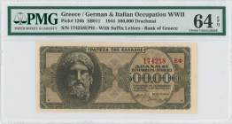 GREECE: 500000 Drachmas (20.3.1944) in black on brown unpt. God Zeus at left on face. S/N: "174258 ΕΦ" with suffix and number of 4,5mm height. Printed...