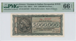 GREECE: 5 million Drachmas (20.7.1944) in black and dark blue on pale orange unpt. Arethusa on dekadrachm of Syracuse at left on face. S/N: "KA 647567...