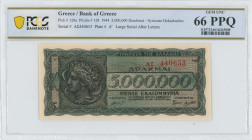 GREECE: 5 million Drachmas (20.7.1944) in black and dark blue on light orange unpt. Arethusa on dekadrachm of Syracuse at left on face. S/N: "AΣ 44065...