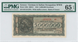 GREECE: 5 million Drachmas (20.7.1944) in black and dark blue on pale orange unpt. Arethusa on dekadrachm of Syracuse at left on face. S/N: "651131 ΞΨ...
