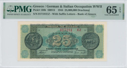 GREECE: 25 million Drachmas (10.8.1944) in dark green and green. Ancient coin from Dodoni at left and right on face. S/N: "017181 EZ" with suffix and ...