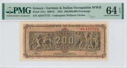 GREECE: 200 million Drachmas (9.9.1944) in brown on dark orange unpt. Panathenea detail from Parthenon frieze at center on face. S/N: "AΔ 477772" with...