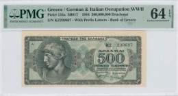 GREECE: 500 million Drachmas (1.10.1944) in dark blue on light blue unpt. Head of the statue of God Apollo in Olympia at center on face. S/N: "KZ 2306...