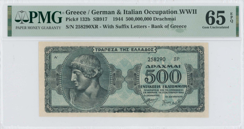 GREECE: 500 million Drachmas (1.10.1944) in dark blue on light blue unpt. Head o...