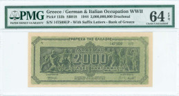 GREECE: 2 billion Drachmas (11.10.1944) in black on light green unpt. Panathenea detail from Parthenon frieze on face. S/N: "147509 ΕΠ" with suffix. P...