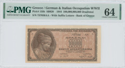 GREECE: 100 billion Drachmas (3.11.1944) in black on brown unpt. Nymph Deidamia at left on face. S/N: "757036 AA" with suffix and number of 3mm height...