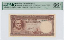 GREECE: 50 Drachmas (ND 1945 / old date 1.1.1945) in red. Hesiod at left on face. S/N: "β.Γ-178 239440". WMK: Goddess Athena. Printed by (TDLR). Insid...