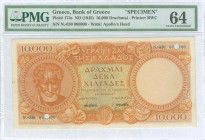 GREECE: Specimen of 10000 Drachmas (ND 1945) in orange on multicolor unpt. Aristotle at left on face. First type S/N: "N.-030 000000". Two black ovpts...