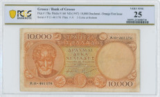 GREECE: 10000 Drachmas (ND 1947) in orange on multicolor unpt. Aristotle at left on face. S/N: "P.11- 461176". WMK: God Apollo. Printed by (BWC). Insi...