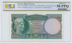 GREECE: 20000 Drachmas (ND 1947) in dark green on multicolor unpt. Goddess Athena at left on face. S/N: "T.38- 407059". Variety: Security strip. WMK: ...