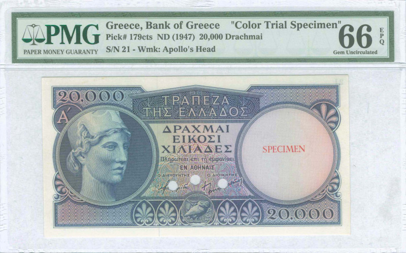 GREECE: Color trial specimen of 20000 Drachmas (ND 1947) in dark blue. Goddess A...