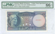 GREECE: Color trial specimen of 20000 Drachmas (ND 1947) in dark blue. Goddess Athena at left on face. Red ovpt "SPECIMEN" over watermark and three pu...