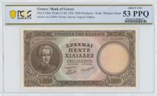 GREECE: 5000 Drachmas (28.10.1950) in brown on multicolor. Dionysios Solomos at left on face. S/N: "αι- 324094". WMK: God Apollo. Printed by the Bank ...