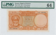 GREECE: 10 Drachmas (15.1.1954) in orange on multicolor unpt. Aristotle at left on face. S/N: "αζ- 158136". WMK: God Apollo. Printed by the Bank of Gr...