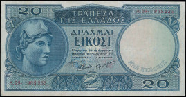 GREECE: 20 Drachmas (15.1.1954) in blue on multicolor. Goddess Athena at left on face. S/N: "A.09- 965233". WMK: God Apollo. Printed by the Bank of Gr...