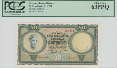 GREECE: 50 Drachmas (15.1.1954) in deep green and green on orange and blue unpt. Personification of Health at left on face. S/N: "A.03 300084". Printe...