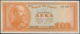 GREECE: 10 Drachmas (1.3.1955) in orange on light blue unpt. King George I at left on face. S/N: "β.03 821429". WMK: God Apollo. Printed by the Bank o...