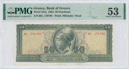GREECE: 50 Drachmas (1.3.1955) in deep green on light blue, orange and light green unpt. Pericles at center on face. S/N: "βξ. 179789". WMK: General M...