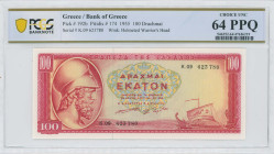 GREECE: 100 Drachmas (1.7.1955) in red on yellow and green unpt. Themistocles at left on face. S/N: "Κ.09 623780". WMK: General Miltiades. Printed by ...