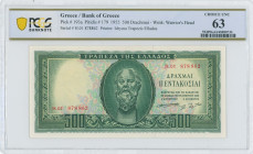 GREECE: 500 Drachmas (8.8.1955) in dark green on light blue, light orange and light green unpt. Socrates at center on face. S/N: "H.01 878862". WMK: G...
