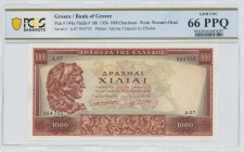 GREECE: 1000 Drachmas (16.4.1956) in deep brown on ochre, blue and red unpt with portrait of Alexander the Great at left. S/N: "Δ.07 054755". WMK: Aph...
