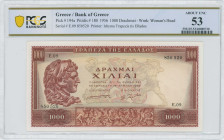 GREECE: 1000 Drachmas (16.4.1956) in deep brown on ochre, blue and red unpt. Portrait of Alexander the Great at left on face. S/N: "E.09 850520". WMK:...