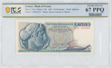 GREECE: 50 Drachmas (1.10.1964) in blue and purple on multicolor unpt. Arethusa at left on face. S/N: "05E 061627". WMK: Youth of Anticythera. Printed...