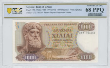 GREECE: 1000 Drachmas (1.11.1970 / issued in 1972) in brown on multicolor unpt. Zeus at left on face. S/N: "27Ζ 784230". WMK: The youth of Anticythera...