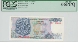 GREECE: 50 Drachmas (8.12.1978) in blue on multicolor unpt. God Poseidon at left on face. S/N: "09P 330605". WMK: The Charioteer from Delphi. Printed ...