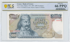 GREECE: 5000 Drachmas (23.3.1984) in dark blue on multicolor unpt. Theodoros Kolokotronis at left on face. S/N: "23E 380638". WMK: The Charioteer from...
