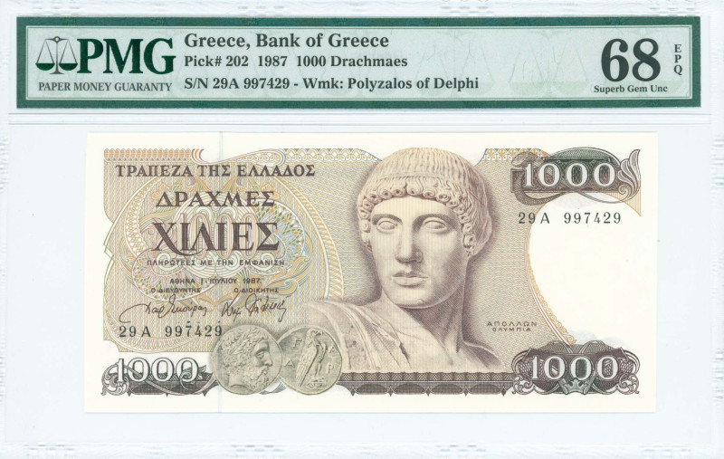GREECE: 1000 Drachmas (1.7.1987) in dark brown on multicolor unpt. God Apollo at...