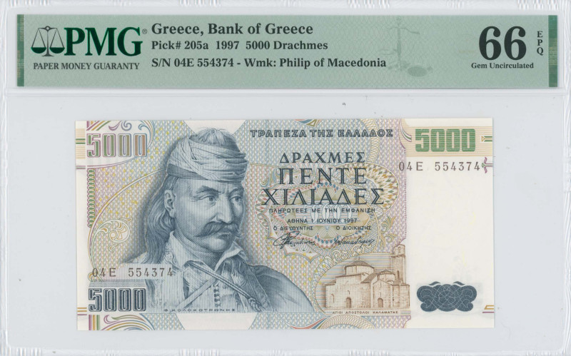 GREECE: 5000 Drachmas (1.6.1997) in dark blue on multicolor unpt. Theodoros Kolo...