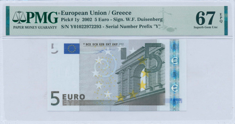 GREECE: 5 Euro (2002) in gray and multicolor. Gate in classical architecture at ...