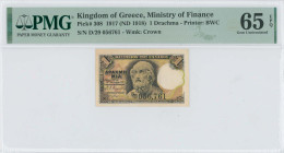 GREECE: 1 Drachma (ND 1918) in black on light green and pink unpt. Homer at center on face. S/N: "Δ/29 056761". WMK: Crown. Printed by BWC. Inside hol...