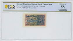 GREECE: 1 Drachma (ND 1922) in dark blue on multicolor unpt. God Hermes at right on face. S/N: "A/27 034368". Printed by BWC. Inside holder by PCGS "C...