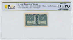 GREECE: 50 Lepta (ND 1920) in blue. Standing Athena at center on face. S/N: "Z/4 447461". Linear perforation. Printed by Aspiotis. Inside holder by PC...