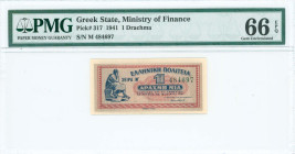 GREECE: 1 Drachma (18.6.1941) in red and blue on gray unpt. Seated Aristippos from Kyrini at left on face. S/N: "Μ 484697". Printed by Aspiotis-ELKA. ...