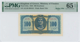 GREECE: 100 Drachmas (10.7.1950) in blue on yellow unpt. Constantine the Great at center on face. S/N: "αε.08 689444". WMK: "ΒΑΣΙΛΕΙΟΝ ΤΗΣ ΕΛΛΑΔΟΣ". P...