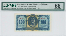 GREECE: 100 Drachmas (1.11.1953) in blue on yellow unpt. Constantine the Great at center on face. S/N: "αα.09 876374". WMK: "ΒΑΣΙΛΕΙΟΝ ΤΗΣ ΕΛΛΑΔΟΣ". P...