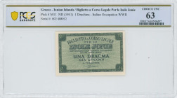 GREECE: 1 Drachma (ND 1942) in dark green on light green unpt. Value at center on face. S/N: "002 488012". Printed in Italy. Inside holder by PCGS "CH...