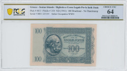 GREECE: 100 Drachmas (ND 1942) in dark blue on light blue unpt. Archaic head at left on face. S/N: "0001 325144". WMK: Cell shape pattern. Printed in ...