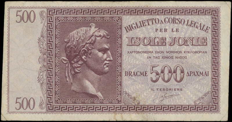 GREECE: 500 Drachmas (ND 1942) in lilac on light blue unpt. Augustus Ceasar at c...
