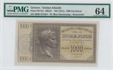 GREECE: 1000 Drachmas (ND 1942) in dark brown on light brown unpt. Augustus Ceasar at center-left on face. S/N: "0003 074353". Blue cachet "ΒΑΣΙΛΕΙΟΣ ...
