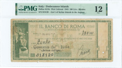GREECE: 100 Lire (Filale di Rodi) (20.10.1943) in dark green. Bank check issued in Dodecanese islands by Banco di Roma due to lack of banknotes becaus...