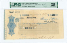 GREECE: 100 Lire (27.12.1943) (type II) in blue. Bank cheque issued in Dodecanese islands by Banco d Italia due to lack of banknotes because of the WW...