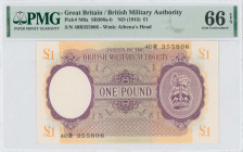 GREECE: 1 Pound (circulated in Greece in 1944) in purple on orange and green unpt. Coat of arms of the British army at right on face. S/N: "40R 355806...