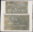 CYPRUS: Partial composite proof of two proposed issues of 10 Shillings and 10 Pounds (1917). Winged lion with book and denomination in field. Attached...